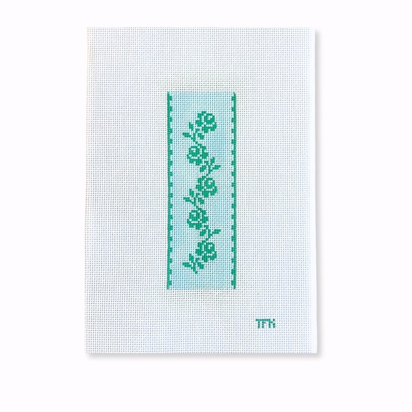 Floral Bookmark Needlepoint Canvas - Stitch Painted 14m - Green & Blue - Picture 1 of 1